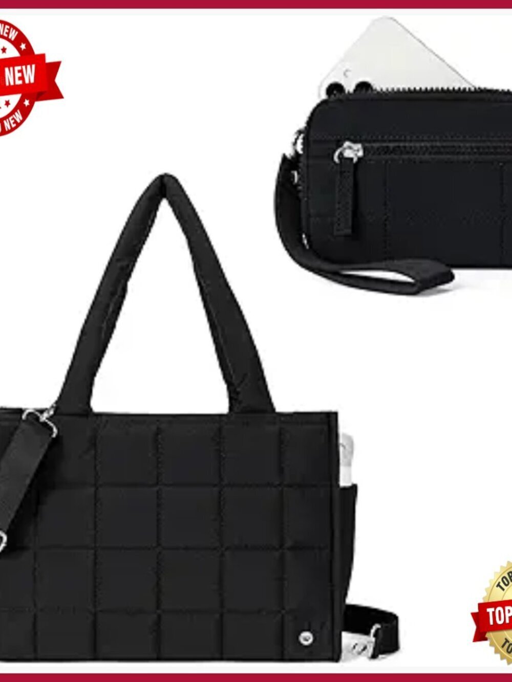 Large Puffer Crossbody Tote Bag with Wristlet Wallet, Adjustable Strap